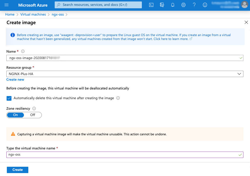 The 'Create image' page for the 'nginx-oss' VM