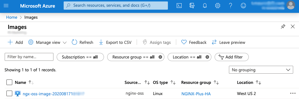 The 'Images' page of the Microsoft Azure portal
