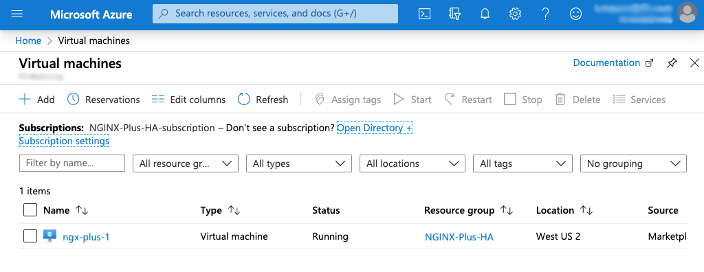 The 'Virtual machines' page, showing a single item named 'nginx-plus-1'